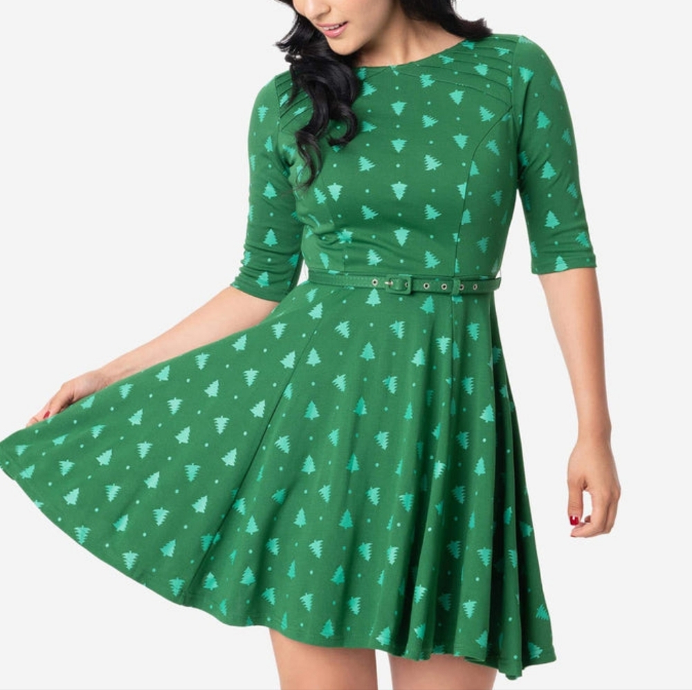 Unique Vintage Green Tree-Print Fit & Flare Dress Holiday Christmas XL